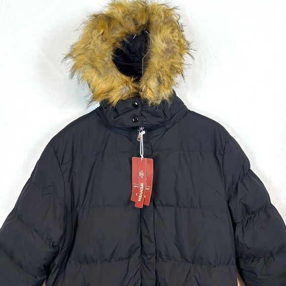 NWT Womens Black Faux Fur Trimmed Hooded Coat / Large - Picture 2 of 15